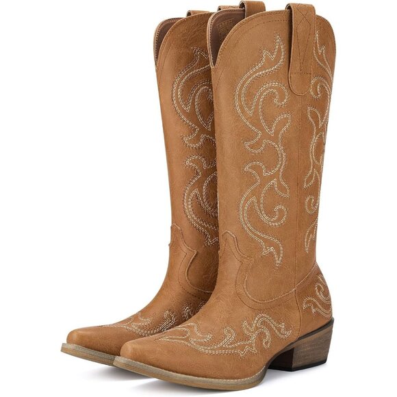 🆕Women Brown Synthetic Leathers Cowgirl Chunky Heel Snip Toe Mid-Calf Boots - Picture 5 of 11